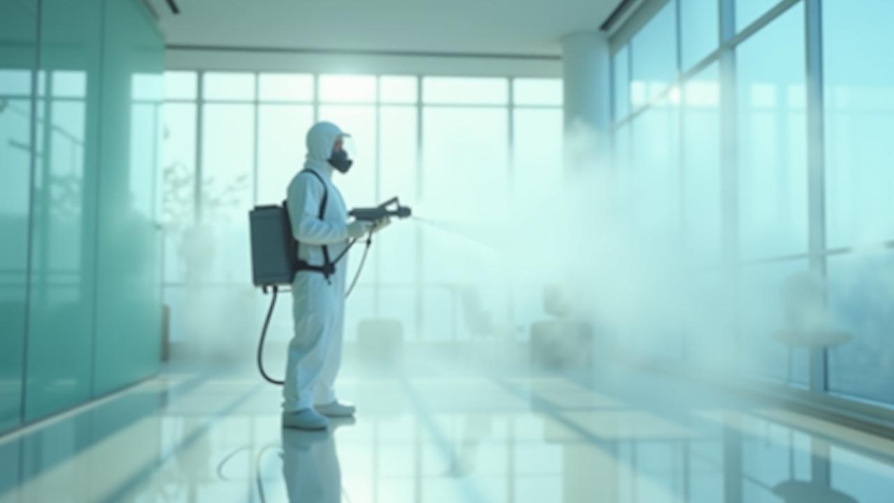 Profesional de Crepuscle realizando desinfección técnica en oficina