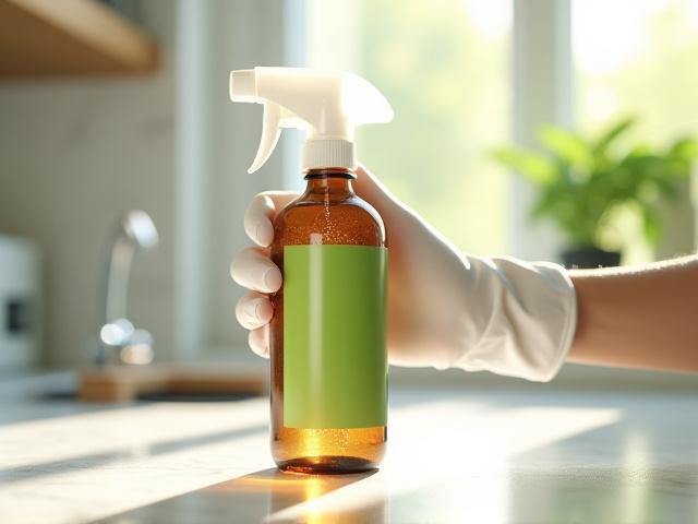 Mano profesional sosteniendo producto de limpieza con certificación ecológica en un entorno luminoso