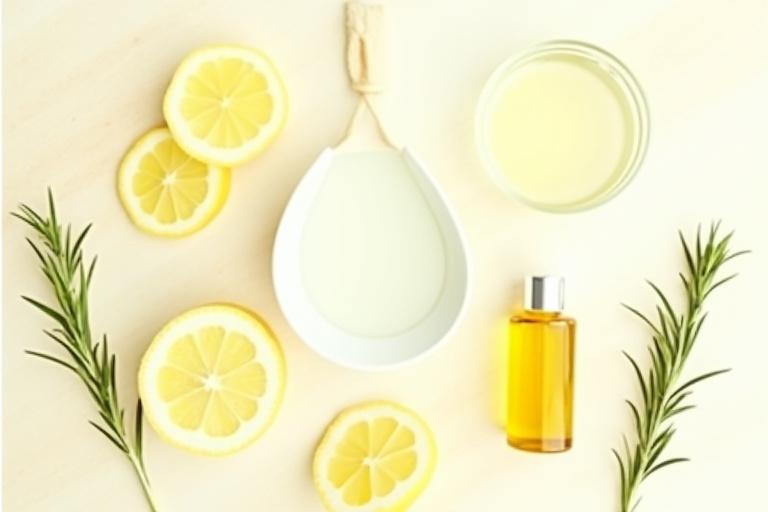 Detalle de ingredientes naturales de limpieza como cítricos, vinagre y aceites esenciales
