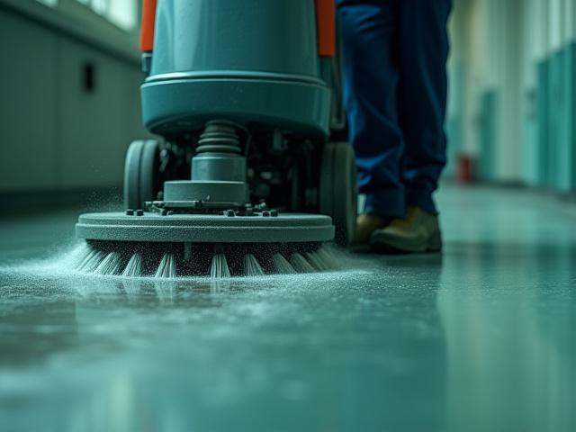 Personal de Crepuscle utilizando maquinaria industrial para limpieza de suelos post-obra