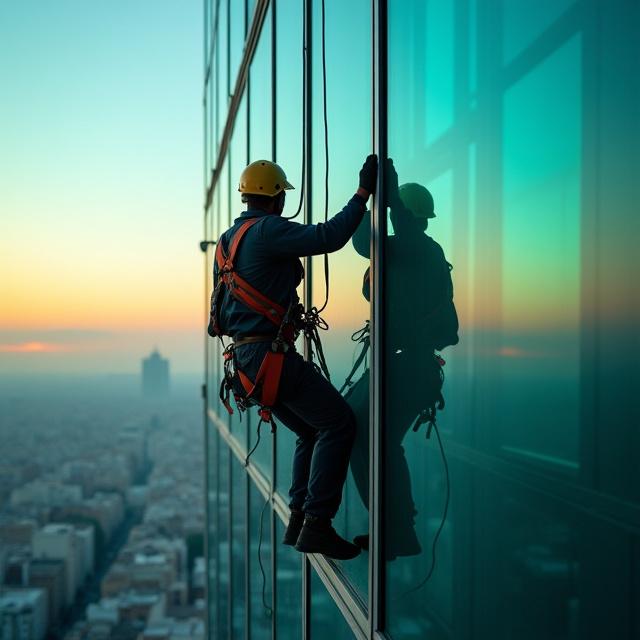 Técnico de Crepuscle Cleaning realizando limpieza en altura en un rascacielos de Madrid